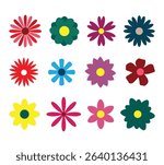  Colorful Chamomile daisy round flower collection.  Spring colorful flower elements vector. Trendy floral icon illustration For greeting card, poster, banner, social media,  sticker, clipart, print.