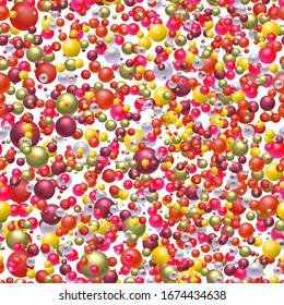 Colorful chaotic beads and pearls on a white background. 3D vector illustration for fabric design, print for textile, scarf, underwear, packaging, scrapbooking, etc. Seamless colorful pattern.