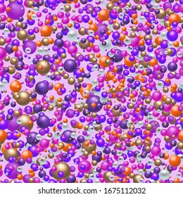 Colorful chaotic beads and pearls on a black background. 3D vector illustration for fabric design, print for textile, scarf, underwear, packaging, scrapbooking, etc. Seamless colorful pattern.