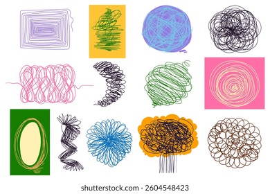 Colorful Chaotic Lines and Abstract Loops isolated on White Background. Hand Drawn Scribble Shapes Collection. Perfect for modern art prints, design textures