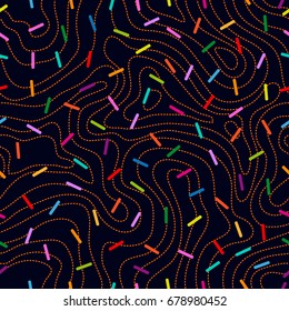 Colorful chaotic movement. Stylized 1990s design. Seamless vector pattern with dotted lines and simple geometric elements on black background.