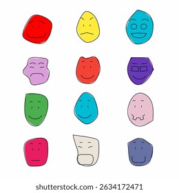 Colorful character blobs with funny faces and simple shapes in a playful and child-friendly cartoon doodle style vector design isolated on white background