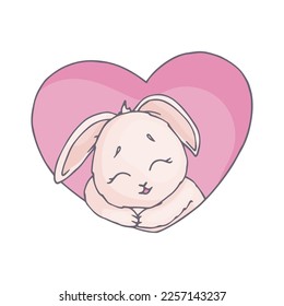 Colorful character of a cute rabbit peeking out from a heart .Vector graphics.