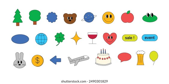 Colorful character and object icons for web and print use.