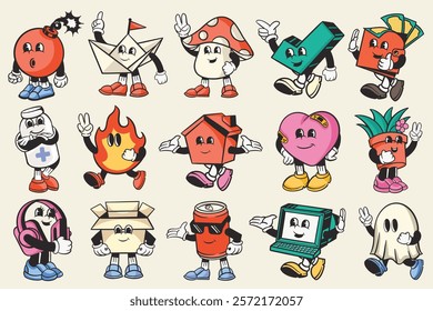 Colorful character set retro illustration vector. Retro object with eyes, mouth, hands, and legs character. Vintage style characters in a set of fifteen. Colorful retro vector set.