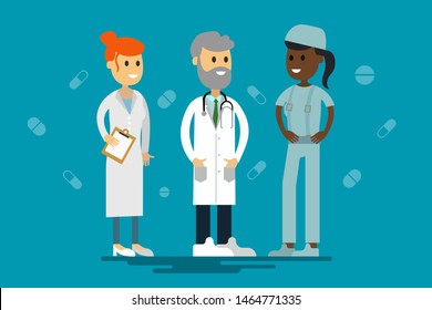 Colorful characters of different diverse doctors in hospital uniform arranged on blue background