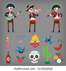 Colorful characters and vector elements representing Day of the dead, traditional autumn mexican holiday commemorating the dead. Isolated vector illustrations