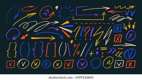 Colorful charcoal doodle arrows, brackets, check marks and other emphasizes elements for hand drawn notes and presentations. Vector crayon doodle icons set. Marker and crayon drawn graphic elements.