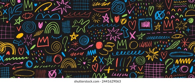 Colorful charcoal doodle punk and girly shapes seamless pattern. Hand drawn abstract scribbles and squiggles, creative various shapes, pencil drawn icons. Scribbles, scrawls, stars, crown, curly lines