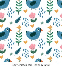 colorful charcoal doodle seamless pattern of cute blue birds, colorful flowers, hearts, and leaves in a hand-drawn style