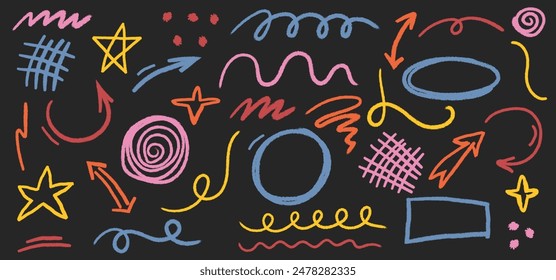 Colorful charcoal graffiti doodle shapes on black. Hand drawn set of abstract scribbles and squiggles, creative various shapes, pencil drawn icons. Scribbles, scrawls, stars, arrows, curly lines.