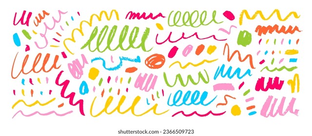 Colorful charcoal pencil curly lines, squiggles and shapes. Childish crayon strokes, squiggles, underlines, confetti spirals. Vector scribble texture strokes. Set for children or party celebration.