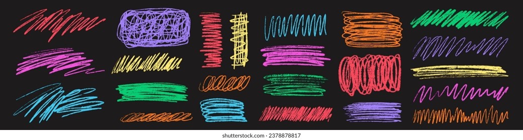 Colorful charcoal scribble stripes and paint shapes. Children's crayon or marker doodle rouge handdrawn scratches. Vector illustration of horizontal waves, squiggles in marker sketch style.
