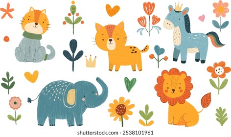 colorful charcoal set of cute doodle animals, plants in children colorful whimsical style