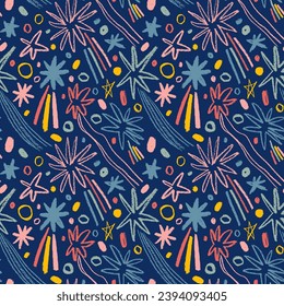 Colorful charcoal stars with tails and dots seamless pattern. Hand drawn cosmic motif with doodle pencil drawn magic elements. Abstract childish style drawing, simple doodle stars and comets.