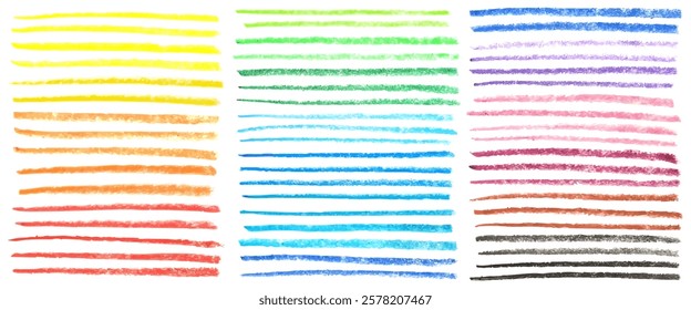 Colorful charcoal strokes, lines with colored pencils. Rough crayon strokes. Hand drawn multicolor vector doodle lines. Design elements.