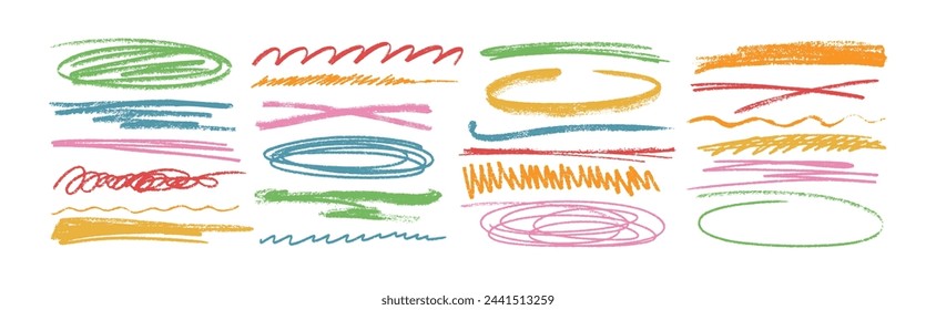 Colorful charcoal texture underline, squiggly lines, squiggles vector set. Pencil drawn stripes, scribbles, thin or rough strokes on white background. Grunge crayon emphasis and marker strikethroughs.