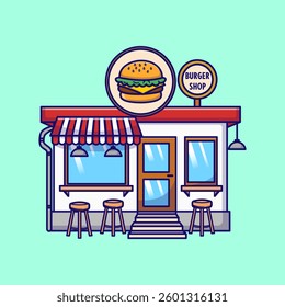 A colorful and charming flat vector illustration of a burger shop with a striped awning, outdoor seating, and bright signage. Perfect for use in food-related designs, restaurant branding.