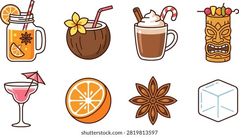 A colorful and charming vector icon set featuring seasonal cocktails, beverages, and drink garnishes. Includes a mason jar filled with spiced cider and citrus slices, 