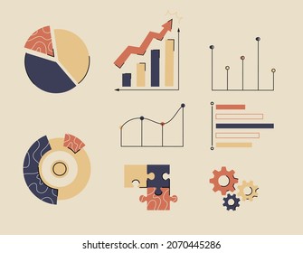 Gráficos y gráficos coloridos de los datos de los instrumentos financieros. Gráfico y gráfico, gráfico de datos financieros, informe de gráfico, estadísticas de datos de información. Conjunto de vectores de elementos virtuales abstractos.