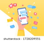 Colorful Chatting concept Hand holds a smartphone. Icons, text messages, messages, notifications fly out of the screen. Communication and conversation by phone Easily edit or overlay additional items