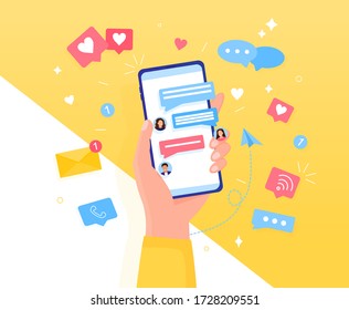 Colorful Chatting concept Hand holds a smartphone. Icons, text messages, messages, notifications fly out of the screen. Communication and conversation by phone Easily edit or overlay additional items
