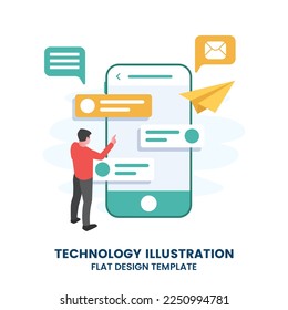 Colorful Chatting concept Hand holds a smartphone. Icons, text messages, messages, notifications fly out of the screen.