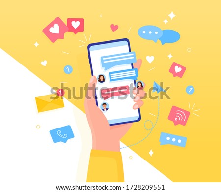 Colorful Chatting concept Hand holds a smartphone. Icons, text messages, messages, notifications fly out of the screen. Communication and conversation by phone Easily edit or overlay additional items