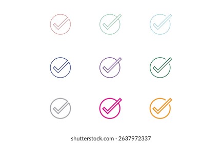 Colorful Check Mark Vector Design White BG. This image showcases a set of modern check mark icons enclosed in circular outlines, designed with varying stroke weights and visual emphasis.