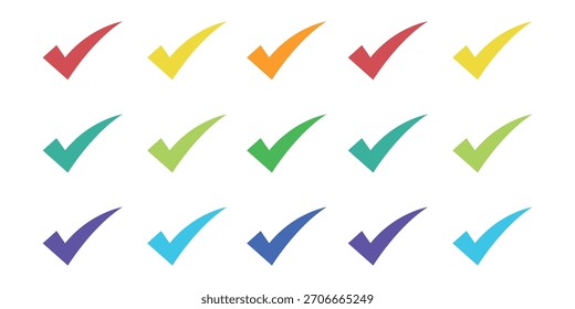 Conjunto de iconos de vectores de marca de verificación de colores. Marque Símbolos para Votar, Aprobar, Completar y Confirmación de Calidad.