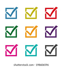 Colorful Checkbox Grid – 3x3 Selection Icons with Checkmarks in Vibrant UI Colors. A 3×3 grid of colorful checkboxes, each containing a matching checkmark in a distinct hue including blue, green, red, yellow, orange, purple, pink, teal, and gray. The symmetrical layout and vibrant palette make this design ideal for illustrating concepts of selection, completion, approval, or status indicators in user interfaces, infographics, and digital design systems. Suitable for both commercial and editorial use across print and digital platforms.
