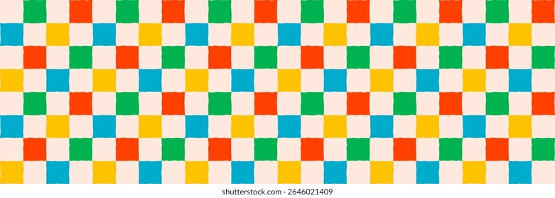 Colorful checker pattern background with red, green, yellow, blue squares. Retro seamless vector background for kids decor, wrapping paper, fabric. Drag to swatches panel to use