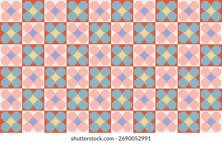Farbiges Schachbrettmuster mit sich wiederholenden Blumen- und Viertelfolienmotiven, ein vintage-inspiriertes nahtloses Design für dekorative Oberflächen