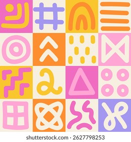 Colorful Checkerboard with Scribbles Seamless Pattern. Bright Playful childish background with line squiggles and doodle shapes. Gingham chessboard. Repeatable Vector illustration