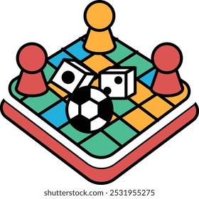 A colorful checkerboard with a soccer ball and two dice. The image is of a game of checkers with a soccer ball and two dice on the board