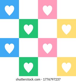 Colorful checkered background with hearts