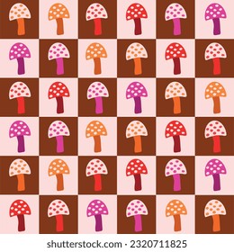 Colorful Checkered Mushrooms seamless pattern in red, orange and pink. For stationary, fabric and home decor 