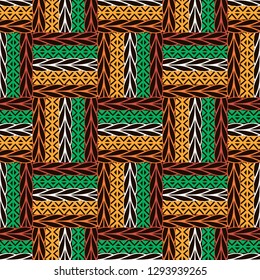 Colorful checkered ornamental seamless pattern. Vector ethnic style geometric background. Tribal ornament with braided lines, shapes, rhombus, zig zag. Repeat abstract tribe backdrop. Ornate texture