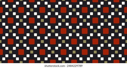 Colorful checkered pattern black background. Vintage red, green, white squares motif seamless diamonds texture. Modern fashion textile fabric swatch allover print block.