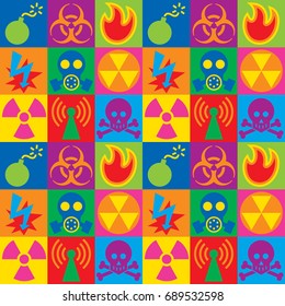 Colorful checkered pattern of hazard warning icons.