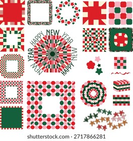 Padrões coloridos xadrez - Conjunto de Natal - Ilustração de vetor quadrada geométrica abstrata, Feliz ano novo