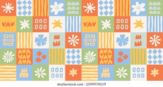 Colorful checkered seamless pattern with abstract shapes for wallpaper, wrapping paper, nursery decor, kids apparel, kitchenware, etc. EPS 10