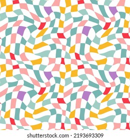 Colorful Checkered Seamless Pattern. Vector Psychedelic Background in Retro Style. Abstract Groovy Texture. Hippie Vibes 1970 Aesthetics
