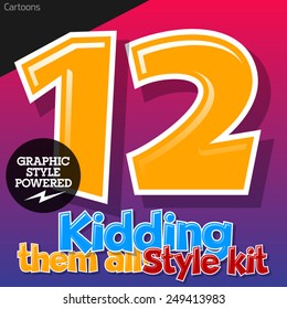 Colorful and cheerful cartoon font for children. Numbers 1 2. Also includes graphic styles