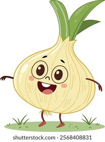 A Colorful Cheerful Cartoon Garlic Character