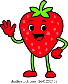 Colorful and cheerful cartoon strawberry character with a smiling face, waving hand, and expressive eyes. Perfect for children's content, educational materials, or healthy food promotions.