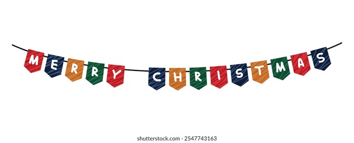 Colorful, cheerful Christmas garland of bunting, perfect for holiday decor and holiday projects. Merry Christmas lettering. Vector. Transparent background. Striped bunting