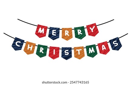 Colorful, cheerful Christmas garland of bunting, perfect for holiday decor and holiday projects. Merry Christmas lettering. Vector. Transparent background. Striped bunting