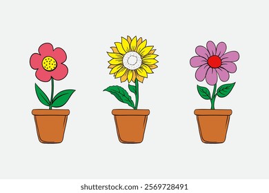 Colorful and cheerful illustration of three potted flowers including a sunflower, a pink flower, and a purple flower, emphasizing nature, joy, and growth. Perfect for spring, gardening, and decoration