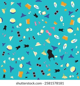 Colorful and cheerful pattern displaying beach balls, hats, swimsuits, and sandals against a turquoise background, evoking summer vibes and seaside fun.